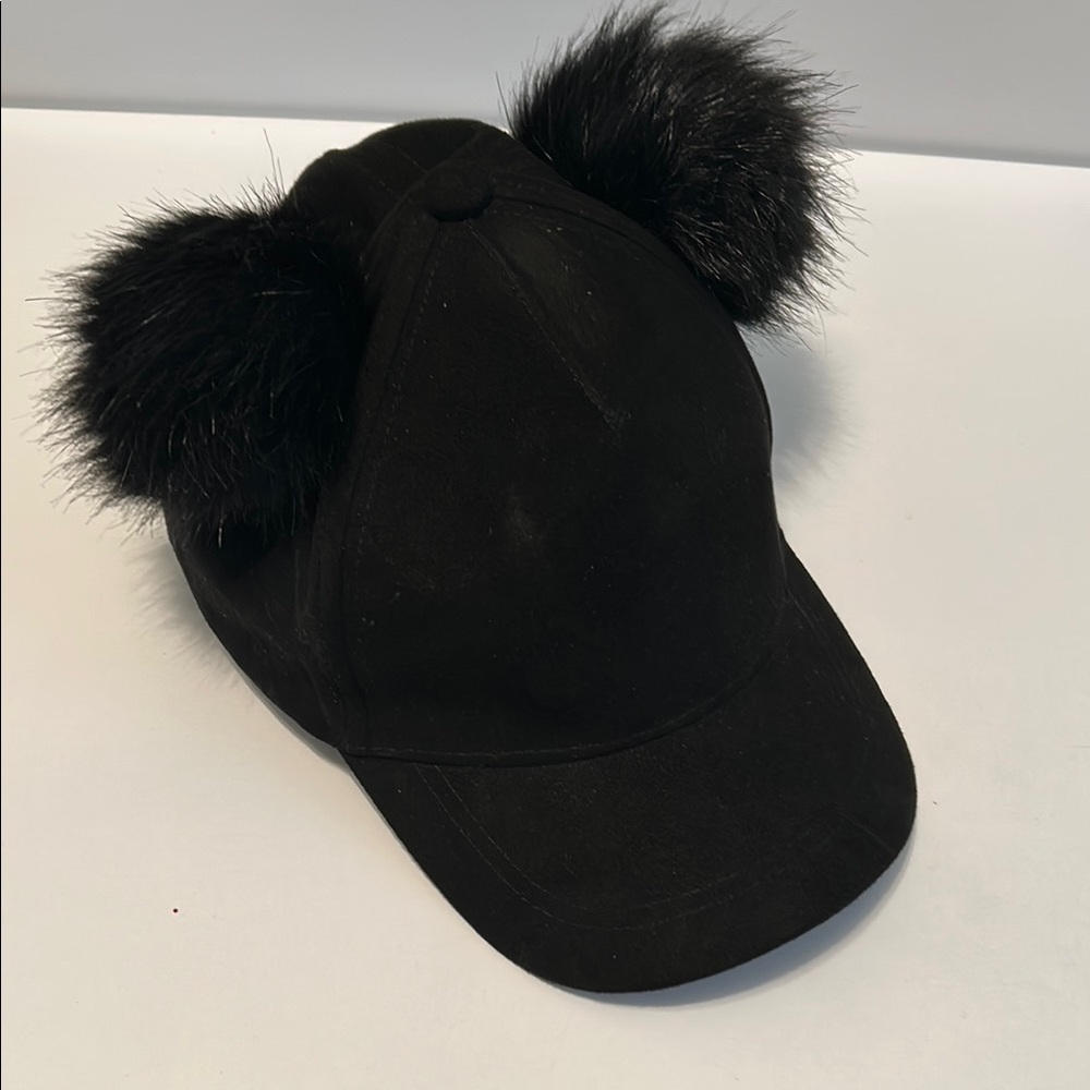 Black Kids Hat with Pom Poms